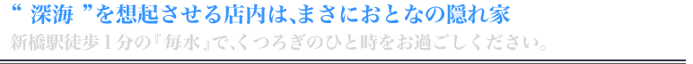 深海を想起させる店内は、まさにおとなの隠れ家新橋駅徒歩1分の『毎水』で、くつろぎのひと時をお過ごしください。